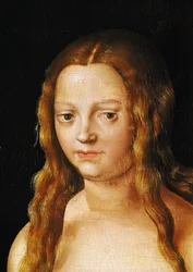 Adam und Eva, Detail von Evas Kopf (Detail)